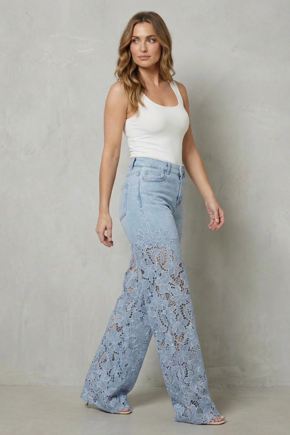 Solérine – Floral lace overlay – Wide-leg denim jeans-10507968676183-OLVIA ROSE LONDON