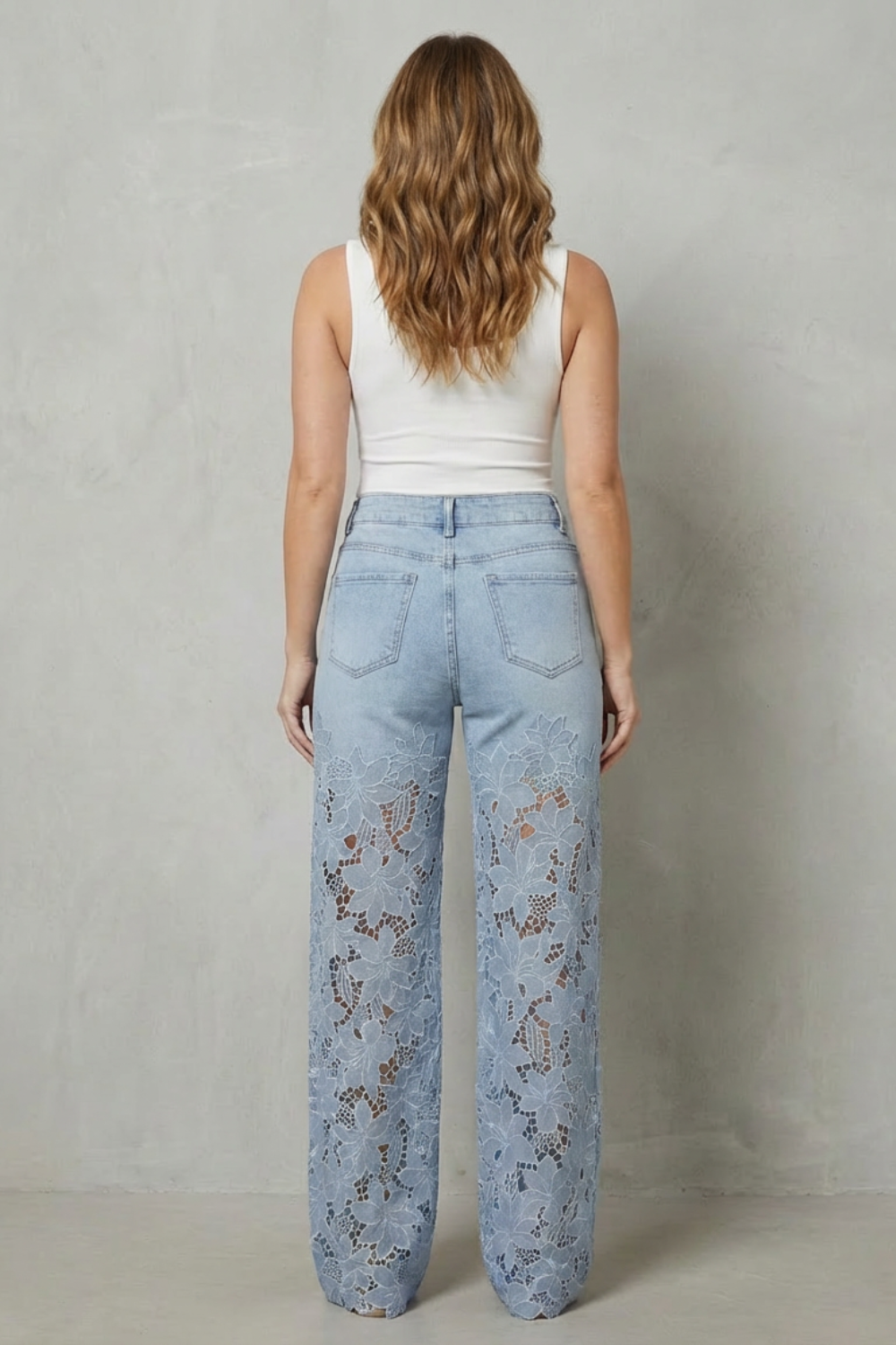 Solérine – Floral lace overlay – Wide-leg denim jeans-10507968676183-OLVIA ROSE LONDON