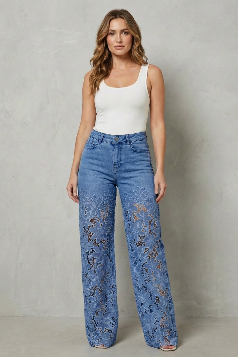 Solérine – Floral lace overlay – Wide-leg denim jeans-10507968676183-OLVIA ROSE LONDON