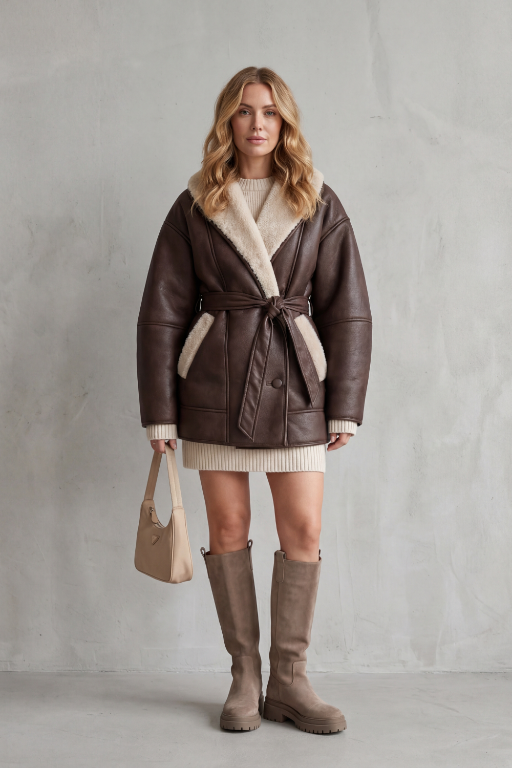 Sorelline – Contrast fleece wrap – Belted faux leather coat-10482651103575-OLVIA ROSE LONDON