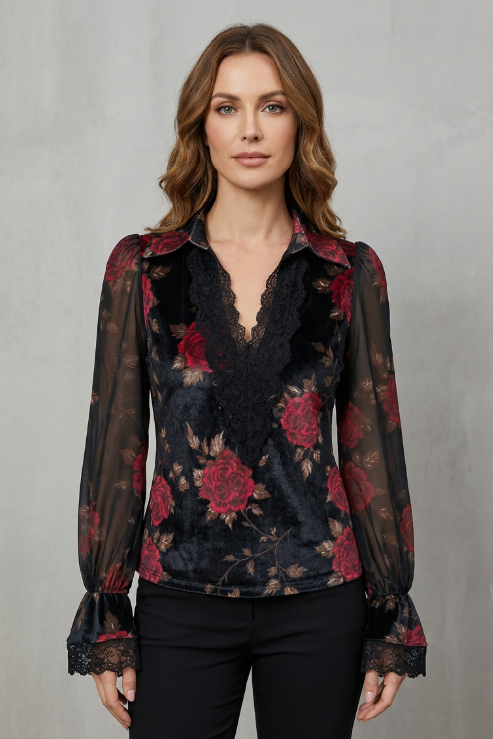 Théonie – Lace Cuff Velvet Blazer – Tailored Romantic Jacket-10497651835223-OLVIA ROSE LONDON