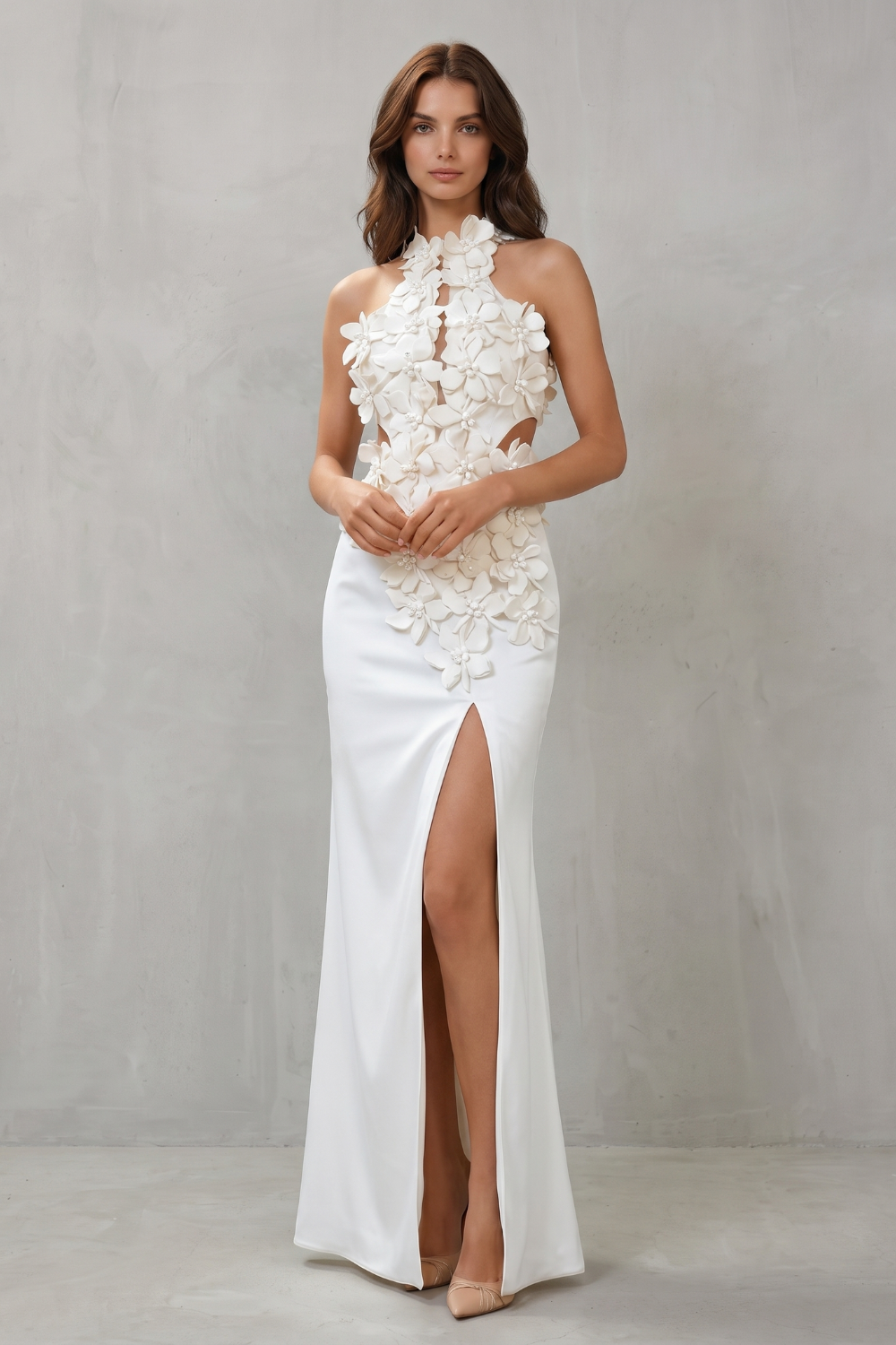 Una – Ethereal bloom – Women’s Halter Neck Flower Split Maxi Dress-10598837944663-OLVIA ROSE LONDON