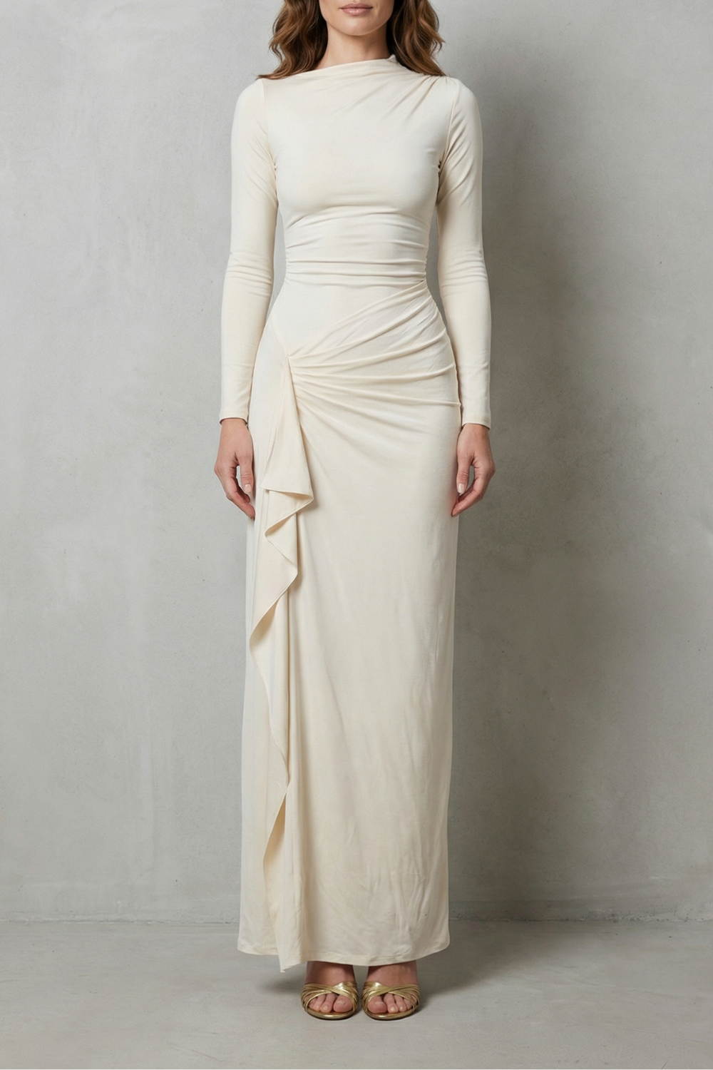 Veneta – Sculpted side drape – Long sleeve maxi gown-10601573548375-OLVIA ROSE LONDON