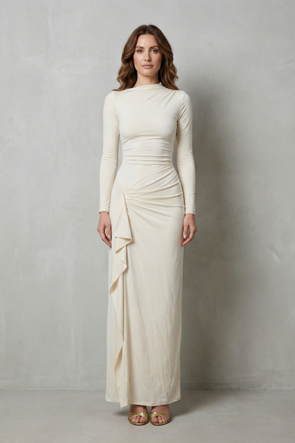 Veneta – Sculpted side drape – Long sleeve maxi gown-10601573548375-OLVIA ROSE LONDON