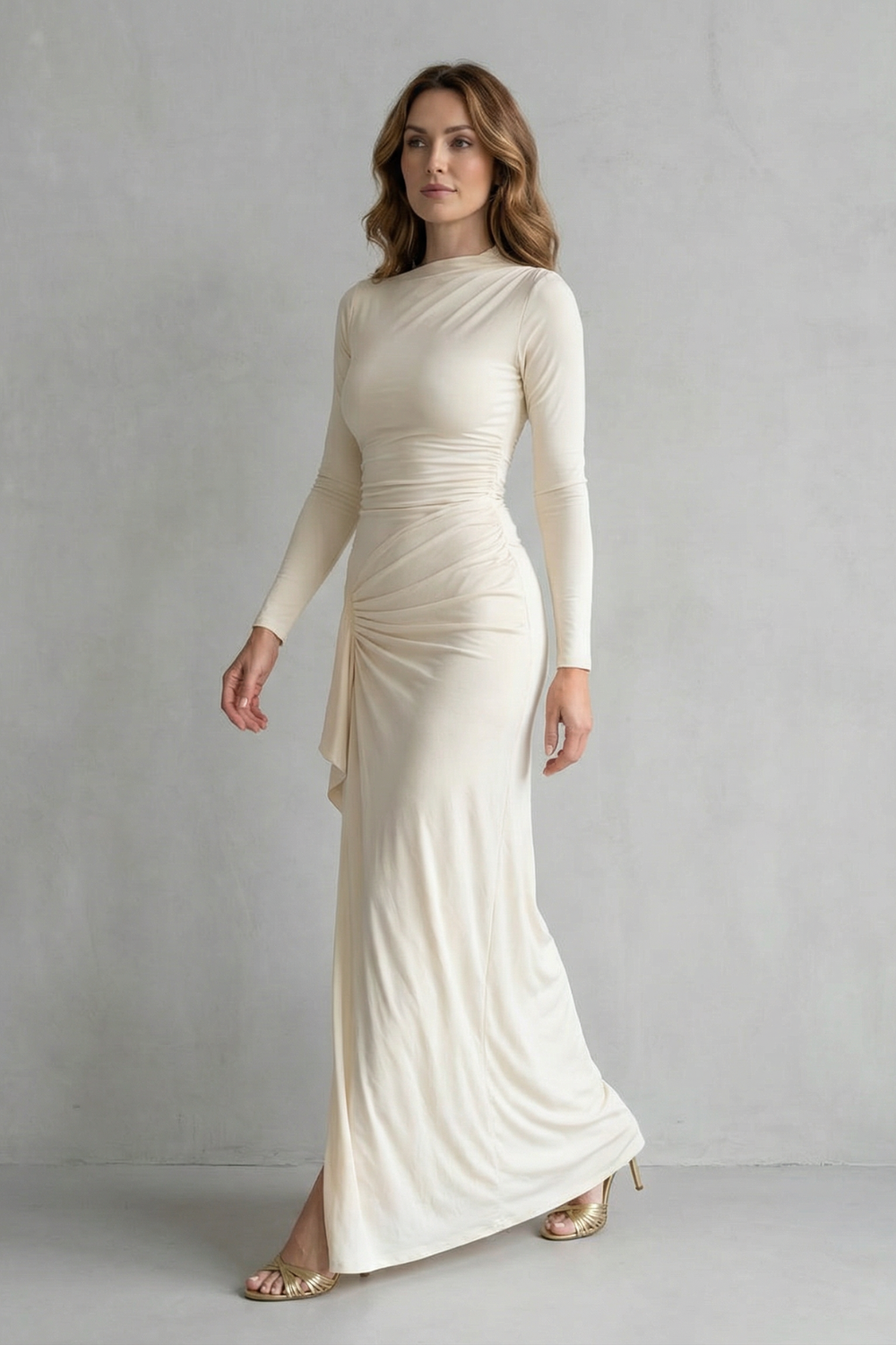 Veneta – Sculpted side drape – Long sleeve maxi gown-10601573548375-OLVIA ROSE LONDON