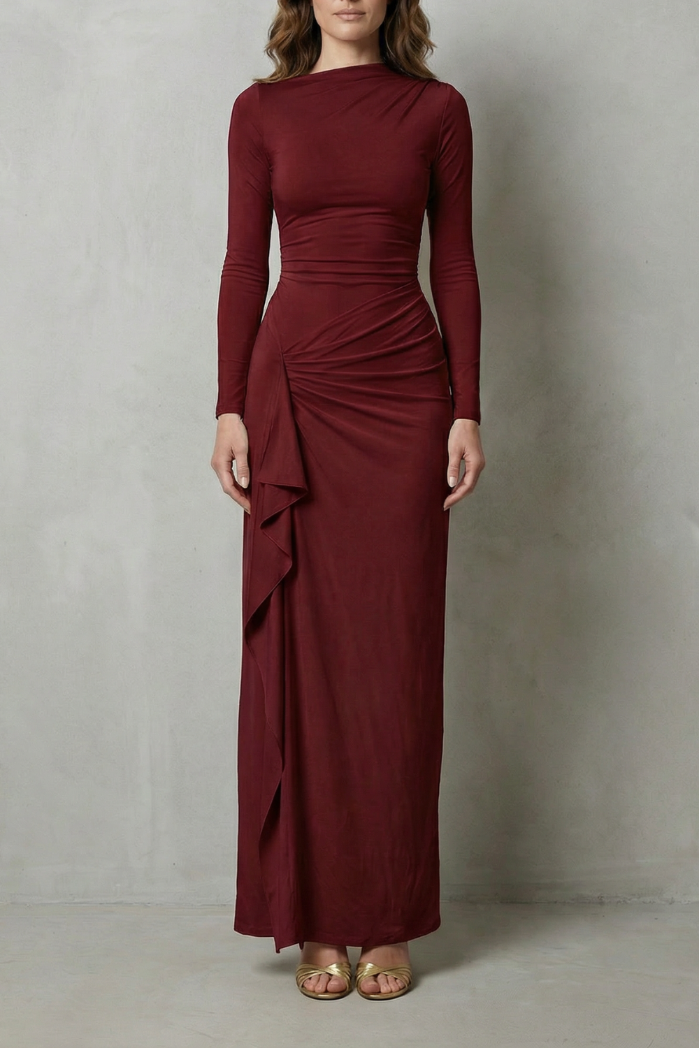 Veneta – Sculpted side drape – Long sleeve maxi gown-10601573548375-OLVIA ROSE LONDON