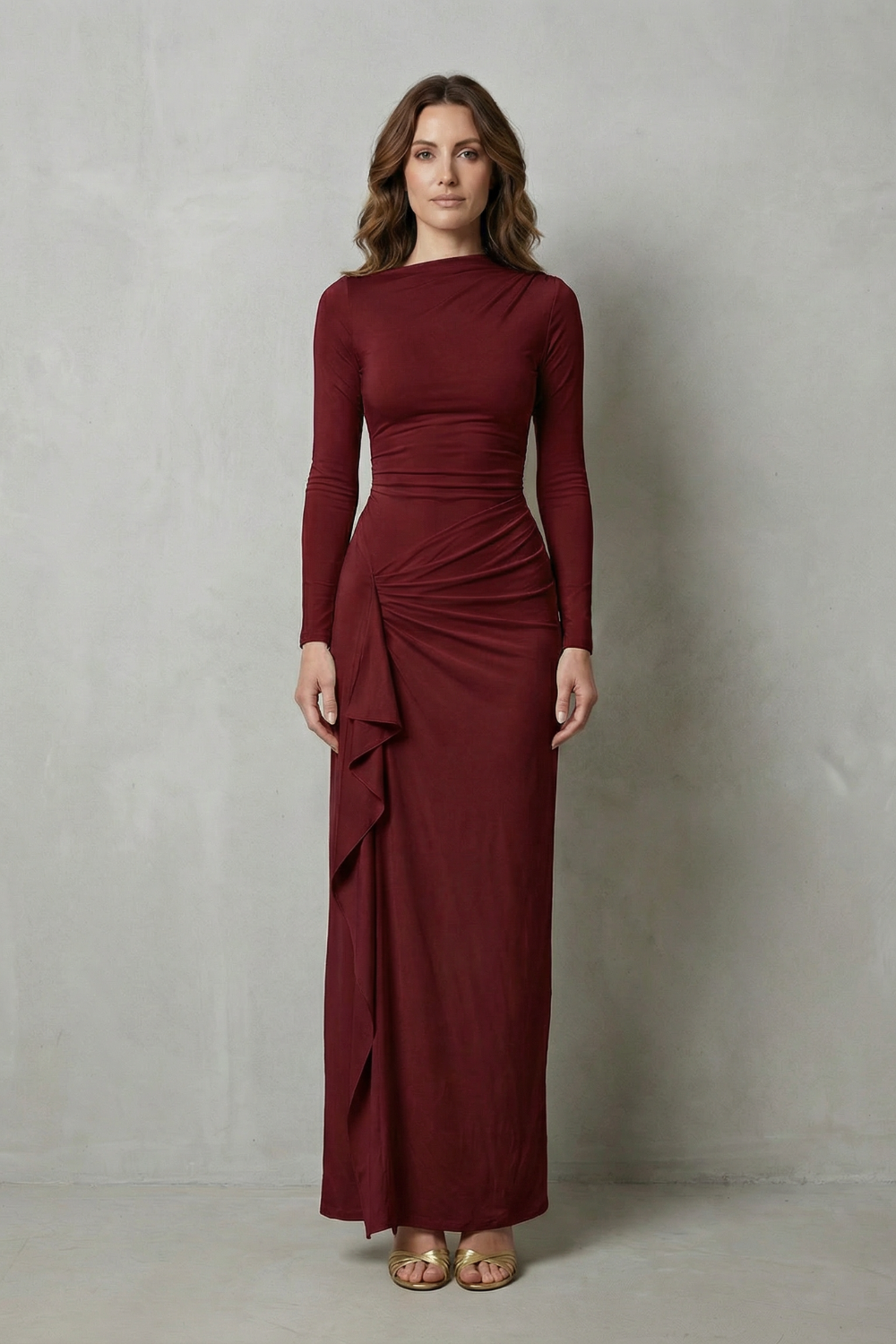 Veneta – Sculpted side drape – Long sleeve maxi gown-10601573548375-OLVIA ROSE LONDON