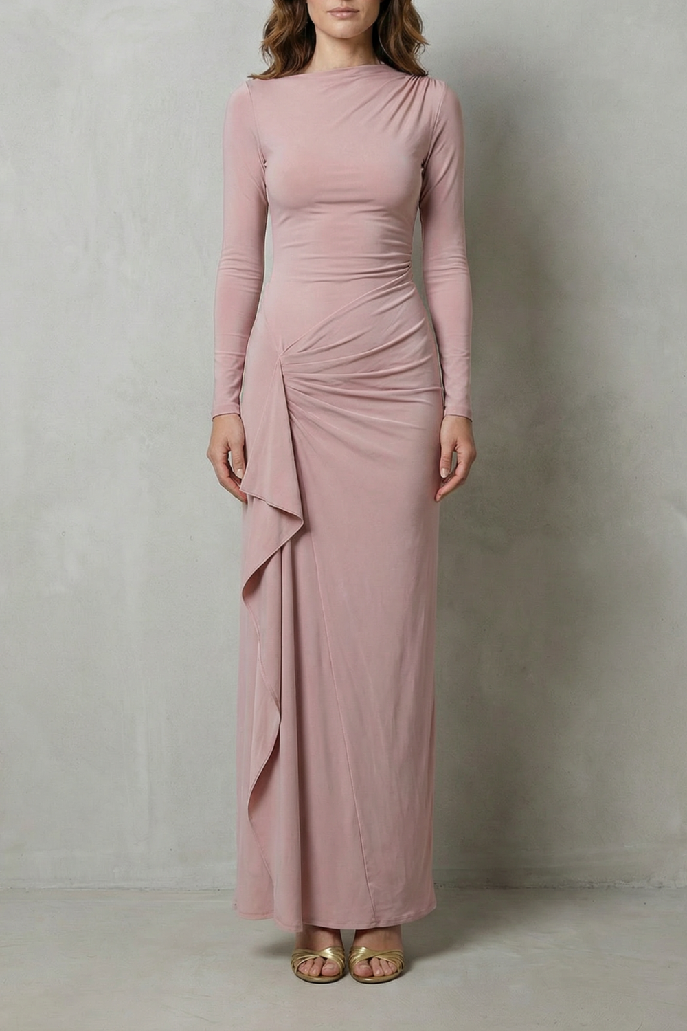 Veneta – Sculpted side drape – Long sleeve maxi gown-10601573548375-OLVIA ROSE LONDON