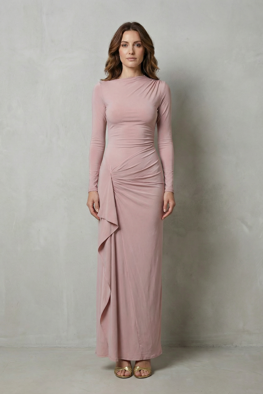 Veneta – Sculpted side drape – Long sleeve maxi gown-10601573548375-OLVIA ROSE LONDON