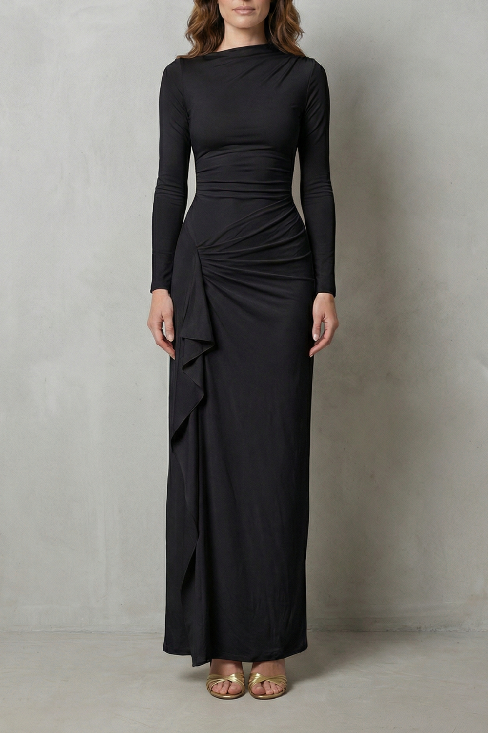 Veneta – Sculpted side drape – Long sleeve maxi gown-10601573548375-OLVIA ROSE LONDON
