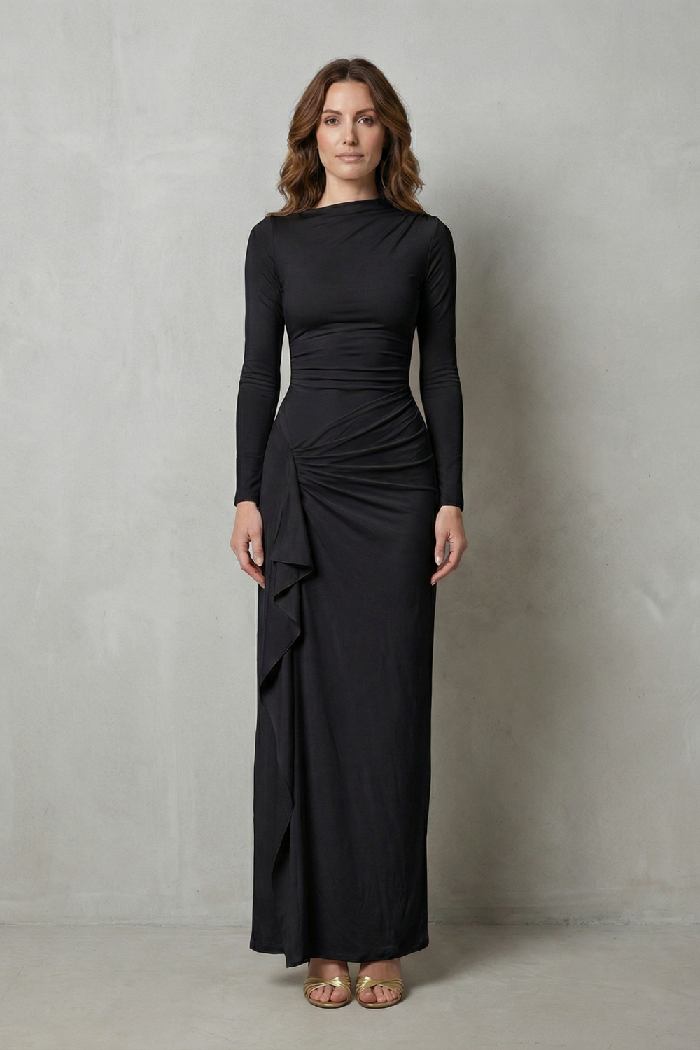 Veneta – Sculpted side drape – Long sleeve maxi gown-10601573548375-OLVIA ROSE LONDON