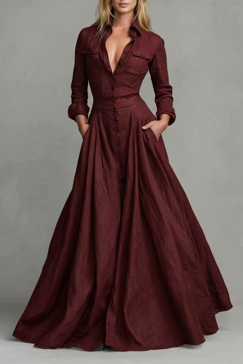 Verona – Long-Sleeved Collared Maxi Dress – Timeless Elegance for Autumn/Winter-10494058004823-OLVIA ROSE LONDON