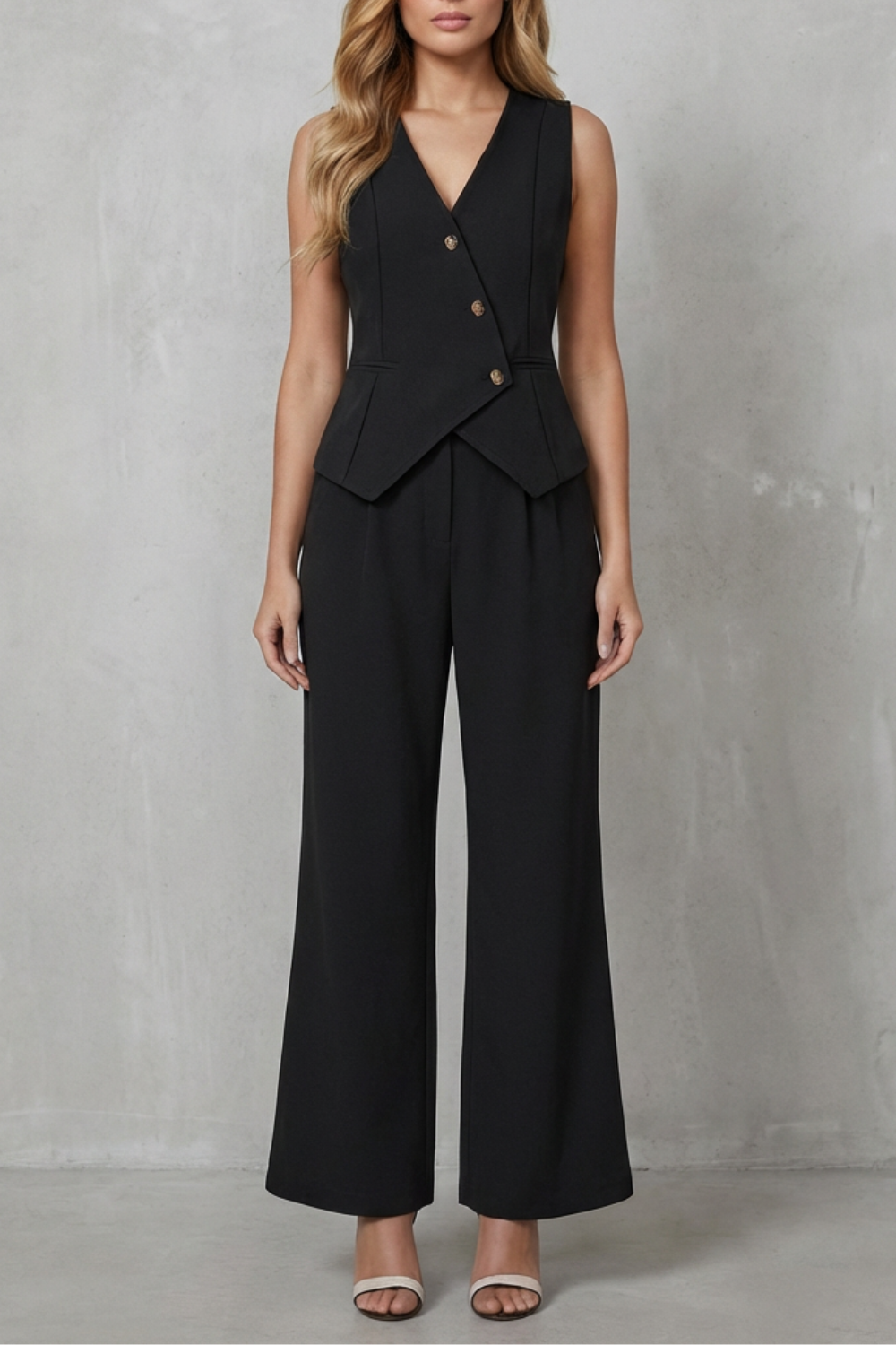 Vionna – Sleeveless Buttoned Suit Set – Chic Commuter Style-10510587691351-OLVIA ROSE LONDON