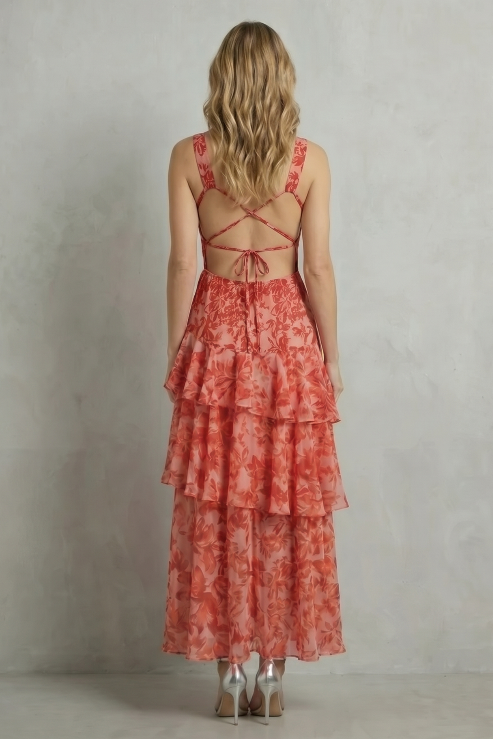 layered tiered dress Virella – Crimson blossom layers – Tiered chiffon maxi dress