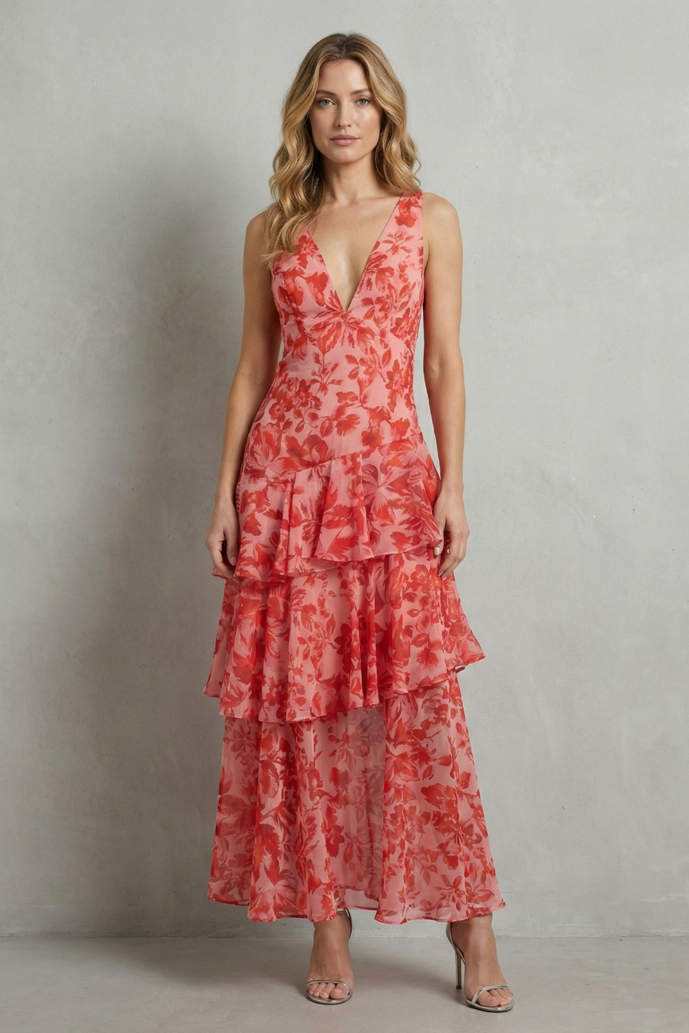 Virella – Crimson blossom layers – Tiered chiffon maxi dress-10601526624599-OLVIA ROSE LONDON